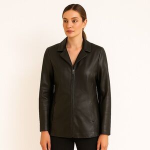 Peruzzi Florence Italian Soft Leather Black Zip Blazer Jacket EU SIZE 42 (6 US)